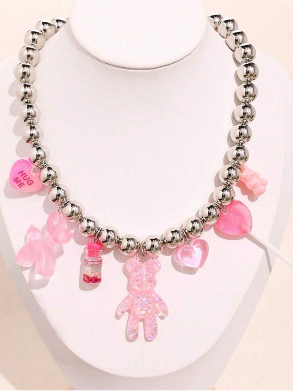 #4 Stainless Steel Beaded Chain Necklace With Colorful Shiny Bear NWT